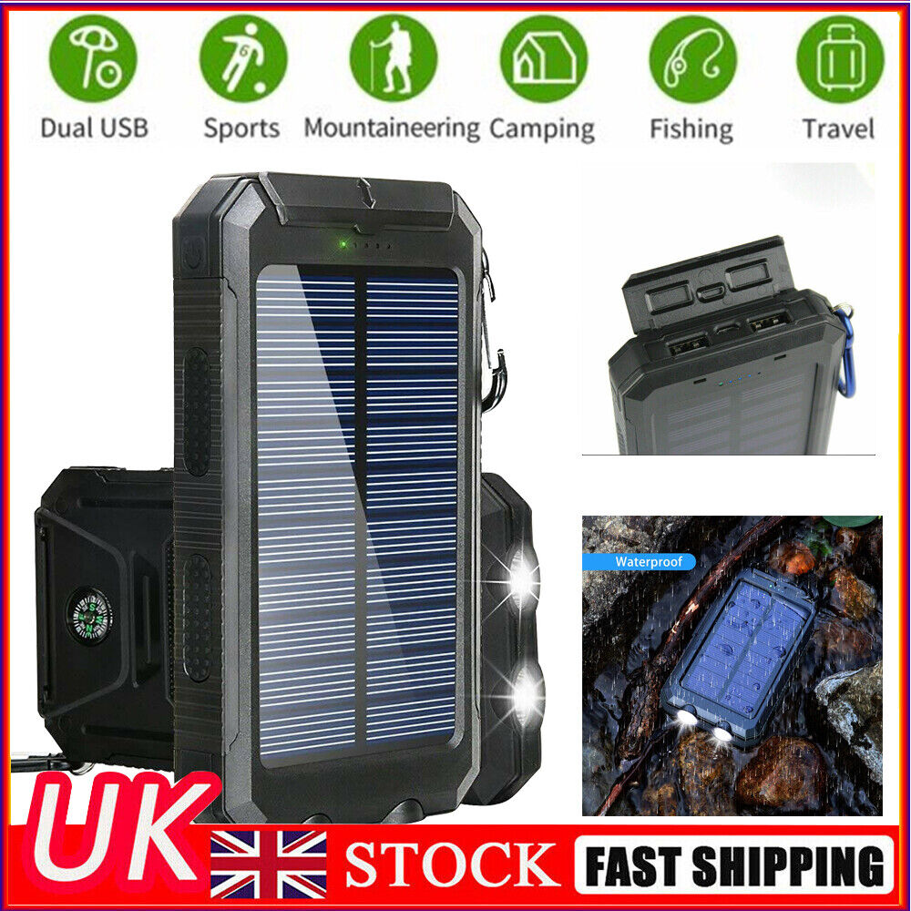 Solar Power Bank Waterproof 2 USB LED Battery Charger For Mobile Phone