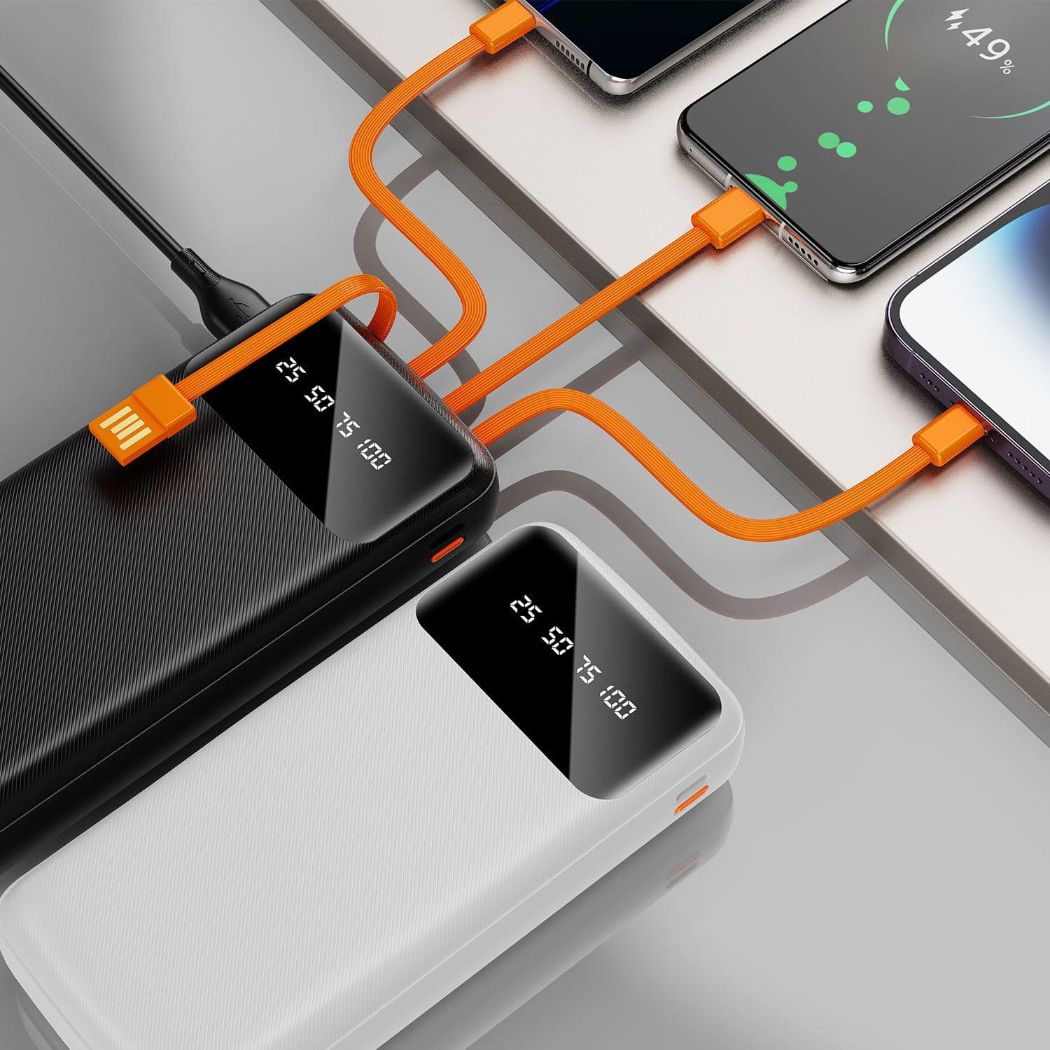 Banc Pŵer Cludadwy 20000mAh Maplin gyda Cheblau USB-C, Micro USB a Mellt Integredig
