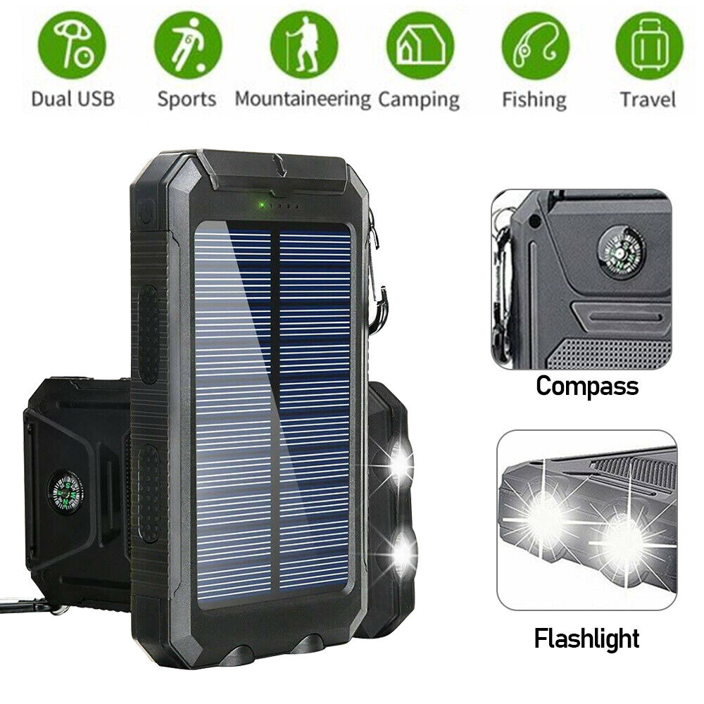 Solar Power Bank Waterproof 2 USB LED Battery Charger For Mobile Phone